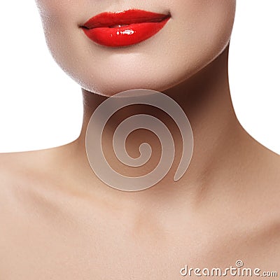 Beautiful perfect lips. mouth close up. Beautiful wide smile of young fresh woman with full lips. Isolated Stock Photo