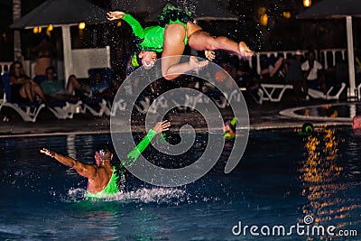 Beautiful performance of hotel entertainment team at night spectacular water show Editorial Stock Photo