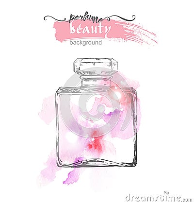 Beautiful perfume bottle, on watercolor background. Beautiful and fashion background. Vector Cartoon Illustration