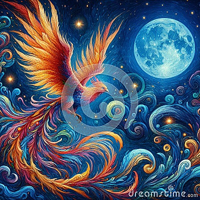 A beautiful phoenix flying in a beautiful sky, with the blue full moon, in a Van Gogh style painting, fantasy art, magical.animal Stock Photo