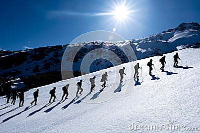 Beautiful photo frame from winter climbing programs of crowded and professional mountaineers Stock Photo