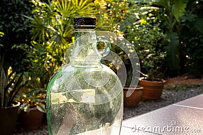 Green antique bottles and reflex light. Stock Photo