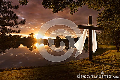 Beautiful photo illustration of an Easter morning sunrise on a cross by a calm lake Cartoon Illustration