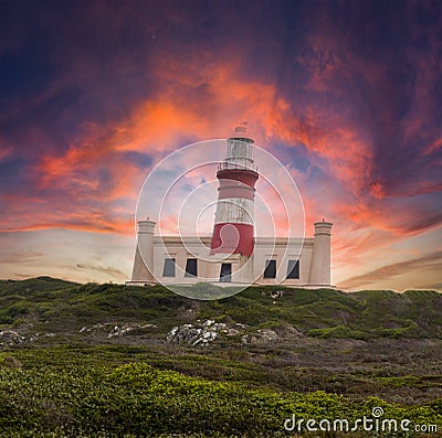 Beautiful photograph of the Cape Agulhas lighthouse with a beautiful sky. This lighthouse divides the Atlantic Ocean and the Stock Photo