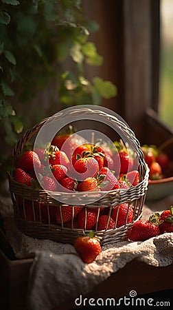 Fresh Strawberries in Vintage Wire Basket Stock Photo