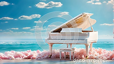 Beautiful piano in the sea idyllic dream fantastic elegance romantic fantasy bright Stock Photo