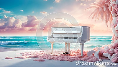 Beautiful piano in the sea idyllic vintage fantastic elegance romantic fantasy Stock Photo