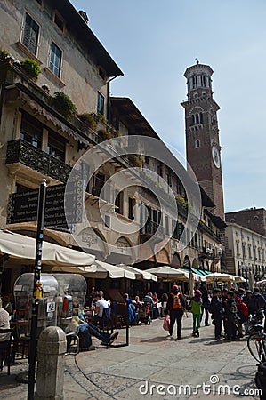 Beautiful Piazza Erbe Square With Its Altisima Dei Lamberti Tower In Verona. Travel, holidays, architecture. March 30, 2015. Editorial Stock Photo