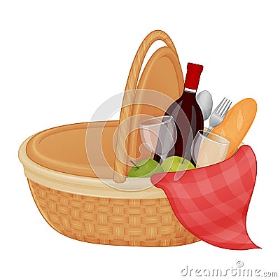 Beautiful picnic basket with accessories, wine, glasses, bread, fruit. on a white background. Isolated object on a white Vector Illustration