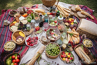 a beautiful picnic spread with platters of food, blankets, and baskets Stock Photo