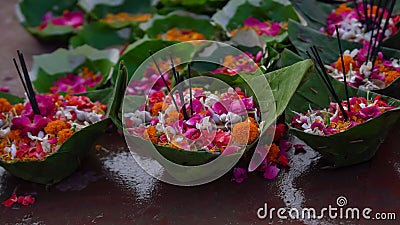 beautiful picture of flowers in leaf bowl Stock Photo