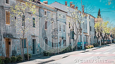 Beautiful picturesque istrian town road or street with old trees and stone houses standing in a row. Typical houses in Istria part Editorial Stock Photo
