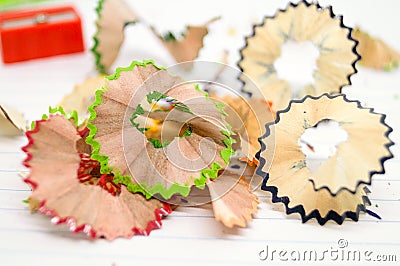 Beautiful piece of wood junk from sharpener crayon. Stock Photo
