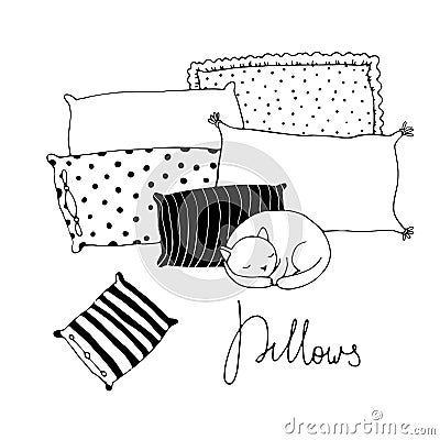 Beautiful pillows and cute cat on a white background. Vector Illustration