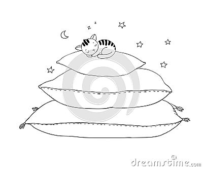 Beautiful pillows and cute cat Vector Illustration