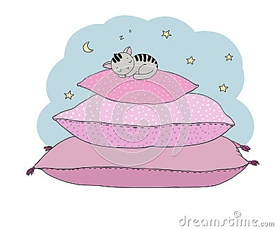 Beautiful pillows and cute cat Vector Illustration