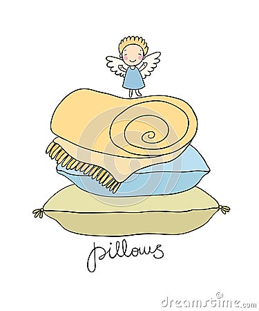 Beautiful pillows and cute little angel. Vector Illustration