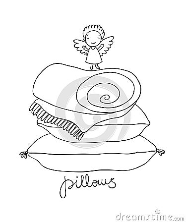 Beautiful pillows and cute little angel. Vector Illustration