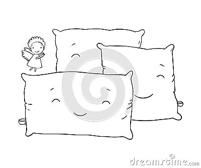 Beautiful pillows and cute little angel. Vector Illustration