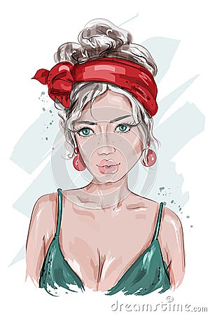 Beautiful Pin Up girl. Hand drawn fashion woman. Young woman dressed in pin-up style. Fashion woman portrait. Sketch. Vector Illustration