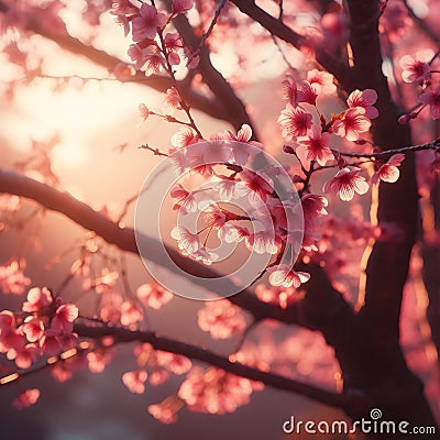 Beautiful pink cherry blossom sakura in winter morning at sunrise, japan nature background, generative ai Stock Photo