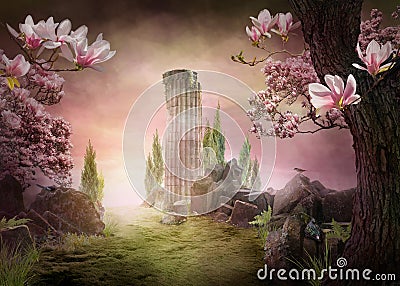 Beautiful, pink dreamy spring magnolia blossom landscape Stock Photo