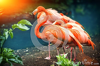 Beautiful pink flamingo standing at water edge. Animal background Stock Photo