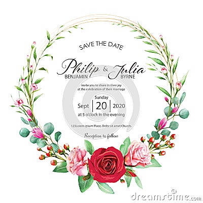 Beautiful red and pink floral, flower wedding invitation card on white background. Vector, water color. Rose, magnolia. Vector Illustration