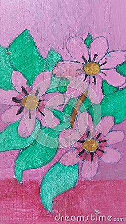 Beautiful Pink Flowers - Green Leaves - Painted Artwork Stock Photo