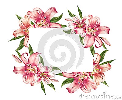 Beautiful pink lily floral photo frame. Bouquet of flowers. Floral print. Marker drawing. Cartoon Illustration