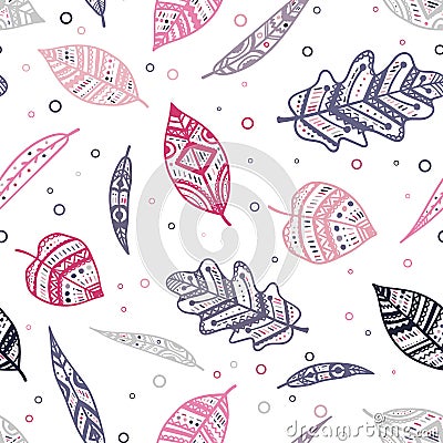 Beautiful pink and purple ornamental leaves seamless pattern, colorful, hand drawn seasonal background, great for fall autumn Vector Illustration