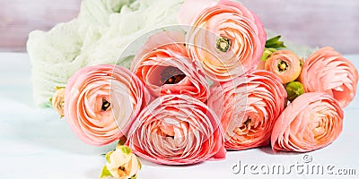 Beautiful pink ranunculus bouquet on turquoise Stock Photo