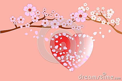 Love and wedding concepts. Full bloom cherry blossoms and blowing/flying petals on red heart shape; old-rose colored background. Vector Illustration