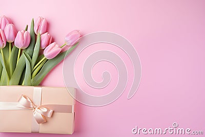Beautiful pink tulips flowers and present. Romantic gift wallpaper with space for text. Light gentle pink color bouquet Stock Photo