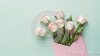 Beautiful pink and white rose flower bouquet in pink envelope on pastel green background, congratulations and anniversary concept Stock Photo