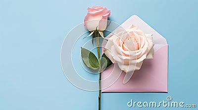 Beautiful pink and white rose flowers and envelope on blue background, congratulations and anniversary concept, Valentine s day Stock Photo