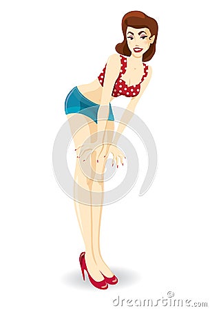 Beautiful pinup girl in jeans shorts Vector Illustration