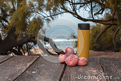 A beautiful place for a snack, on a wooden table there is a thermos and peaches. Breakfast on a hike. Stock Photo