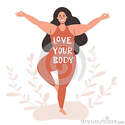 A beautiful plump girl is standing in a yoga pose. Vector Illustration
