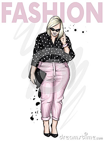 Beautiful plus size girl in stylish clothes. Woman in shirt, trousers and shoes. Fashionable accessories. Vector Illustration