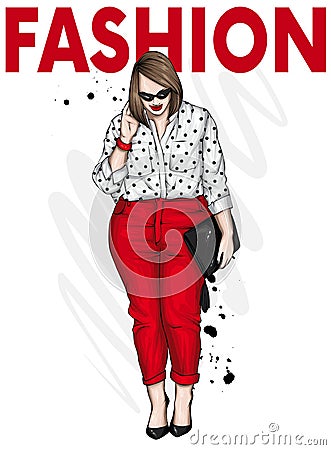 Beautiful plus size girl in stylish clothes. Woman in shirt, trousers and shoes. Fashionable accessories. Vector illustration. Vector Illustration