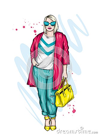 Beautiful plus size girl in a stylish coat, trousers and glasses. Stylish woman in high-heeled shoes. Fashion & Style. Vector Vector Illustration