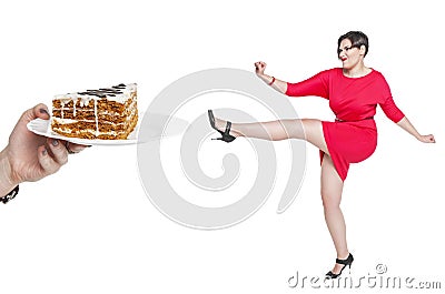 Beautiful plus size woman fighting off unhealthy food isolated Stock Photo