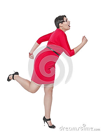 Beautiful plus size woman run away from something isolated Stock Photo