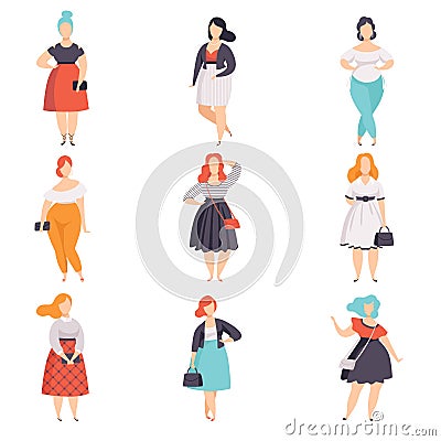 Beautiful plus size women in fashionable clothes set, curvy, overweigh girl pinup model vector Illustrations on a white Vector Illustration