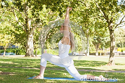 Beautiful ponytailed woman stretching in a yoga pose Stock Photo