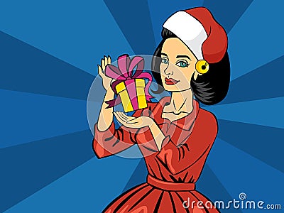 Beautiful pop art comic girl holding christmas gift box Vector Illustration