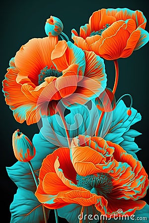 Beautiful poppy flowers on black background. Vector illustration for your design Cartoon Illustration