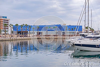 Beautiful port of Alicante, Spain Luxury yachts, ships, fishing boats sailing and standing in rows in harbor Editorial Stock Photo