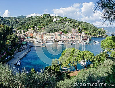 The beautiful Portofino panorama with colorfull houses, boats and yacht in little bay harbor. Liguria, Italy Stock Photo